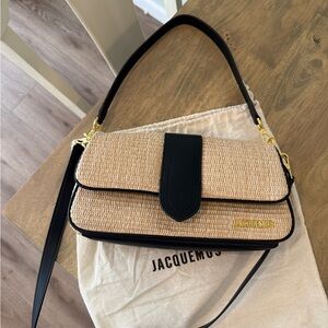 Jacquemus Natural Raffia Shoulder Bag with Black Leather Trim